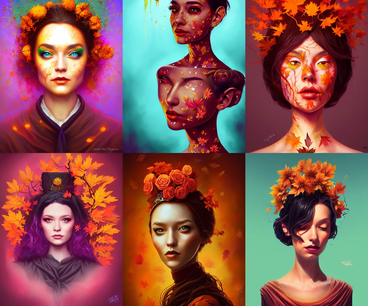 Prompt: autumn flower priestess liquid smoke portrait, wlop, artgerm, radiant lighting, fantasy art, tom whalen