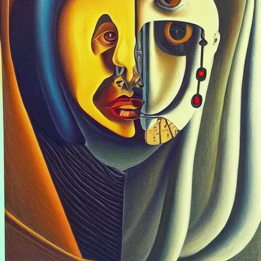 Image similar to a surrealist painting, self portrait of an artificial intelligence, in the style of salvador dali and remedios varo