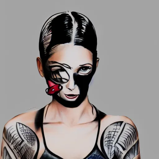 Prompt: tattoo of woman taking off mech mask from her face, concept art