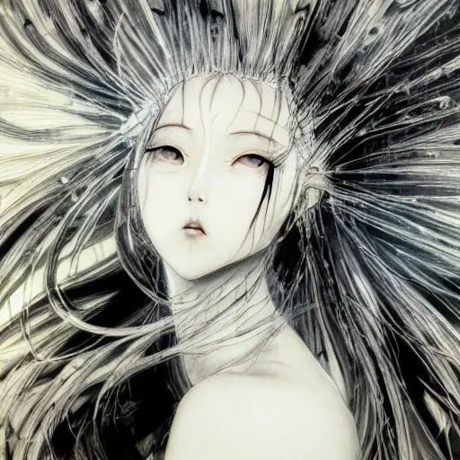 Prompt: yoshitaka amano realistic illustration of an anime girl with white hair and cracks on her face wearing dress suit with tie fluttering in the wind, abstract black and white patterns on the background, noisy film grain effect, highly detailed, renaissance oil painting, weird portrait angle