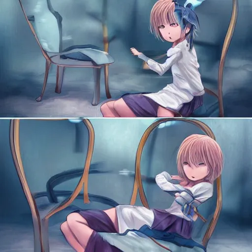 Image similar to anime girl fight with chair, concept art, story, fine details