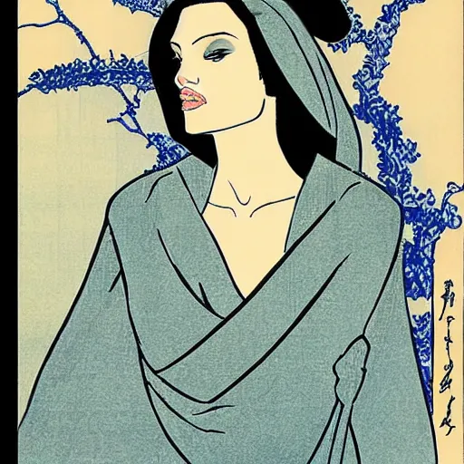 Image similar to angelina jolie by hokusai