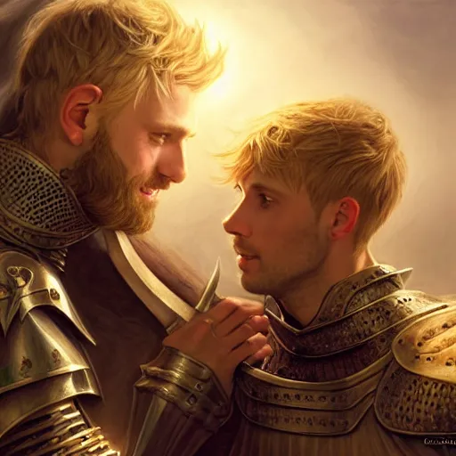 Image similar to attractive arthur pendragon and his favourite attractive male knight, they are in love, camelot, natural lighting, path traced, highly detailed, high quality, digital painting, by gaston bussiere and ross tran and j. c. leyendecker