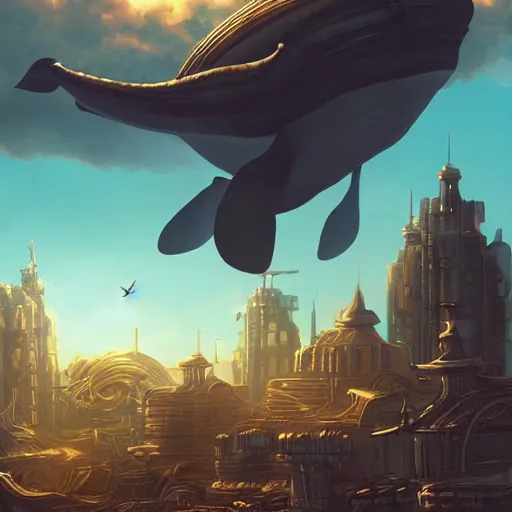 Image similar to A huge whale flying in the clouds above a steampunk mega city, golden lighting, artstation