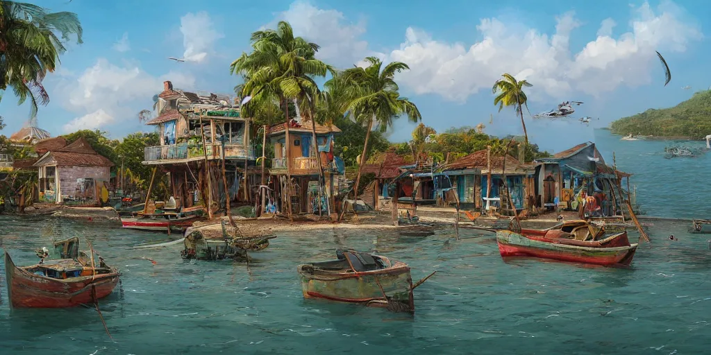 Prompt: a little fisher village in cuba, wood pier and houses, nets and boats, house made with boat parts, scenic view, bright day, hyper realistic, matte painting by marc simonetti and rhads and donato giancola, trending on artstation