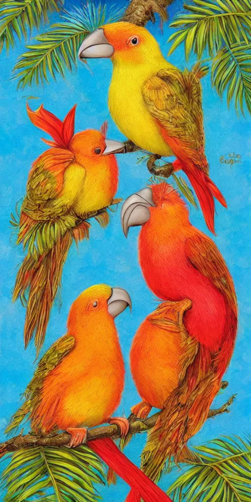 Image similar to greeting card, love, 2 beautiful tropical birds, by greg simkins, warm colors, cozy