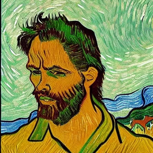 Image similar to jesus with devil spreads his hands against the background of growing cannabis. an oil painting in the style of van gogh