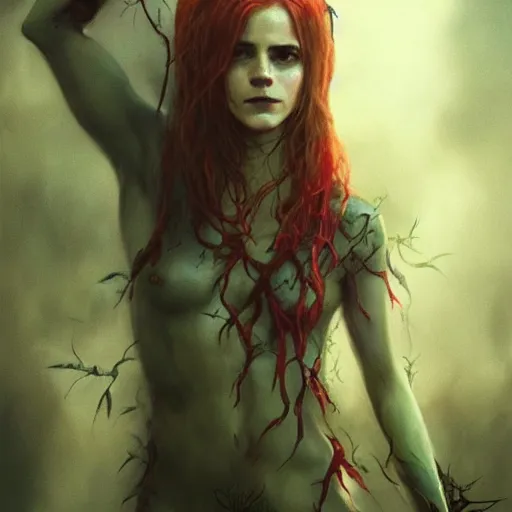 Image similar to emma watson as poison ivy. dark colors. menacing. haunting. frightening. trending on artstation. award winning. artgem. greg rutkowski. beksinski. extremely detailed. 4 k