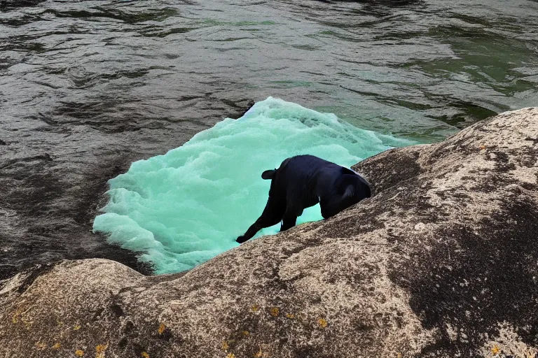 Image similar to a puppy is looking directly at the wavy water current below it while it stands at an edge of a cliff