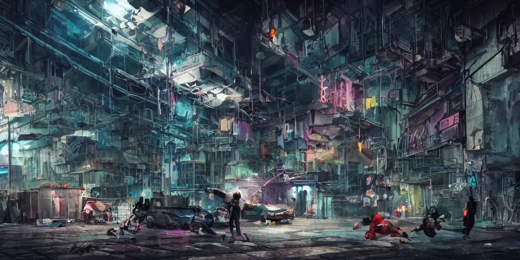 Image similar to cinematic shots of teenagers with tech clothing and hoods and tactical masks doing risky parkour inside the huge industrial sewers of a dystopian city, neon lights, sci - fi, night lights, haze, concept art, intricate, in the style of katsuhiro otomo, akira, unreal engine