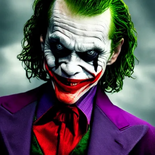 Image similar to willem dafoe as the joker, movie poster, superrealism, quality, post - production, image depth, focus, fine details, skin pores, makeup, 8 k