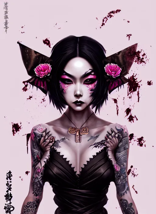 Prompt: soft lustrous ebony geisha seductive yakuza gothic gutter punk, urban decay dark fantasy, dark art, highly detailed, digital painting, octane render, artstation, concept art, smooth, sharp focus, illustration, art by artgerm, loish, wlop