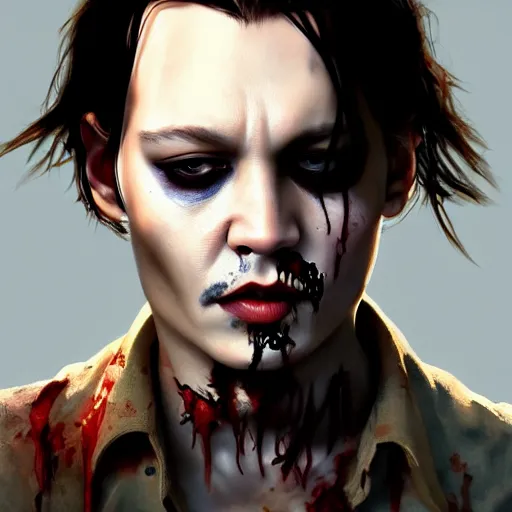 Image similar to portrait of young johnny depp as a zombie, 7 days to die zombie, fine art, award winning, intricate, elegant, sharp focus, cinematic lighting, highly detailed, digital painting, 8 k concept art, art by guweiz and z. w. gu, masterpiece, trending on artstation, 8 k