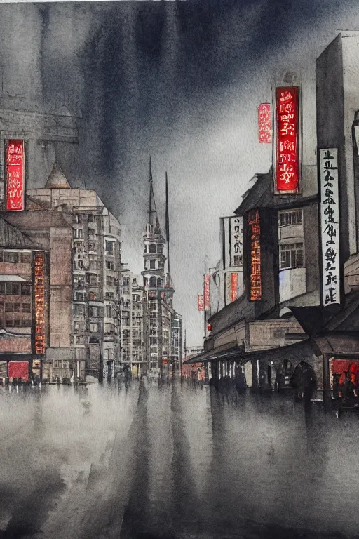 Prompt: A watercolor depicting an empty Shanghai Wujiaochang, gloomy weather, high contrast, smooth, by Joseph Zbikowicz, 8k