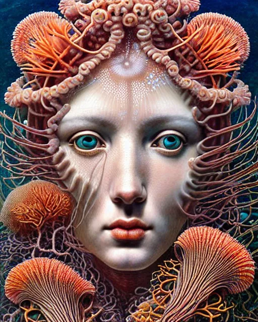 Prompt: hyperrealistic detailed underwater face portrait of the beautiful goddess of the jellyfish with an intricate headgear of corals, sea kelp, sea plants, fish, starfish, jellyfish, art by ernst haeckel, john william godward, android jones, alphonso mocha, gothic - cyberpunk, ornamental, beautiful deep colours,