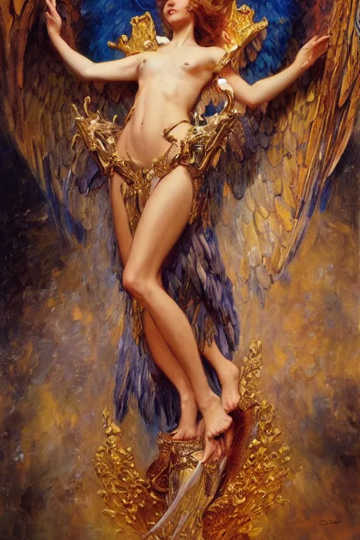 Image similar to full body portrait of harpie queen astride her throne, highly detailed painting by gaston bussiere, craig mullins, j. c. leyendecker, 8 k, mid shot