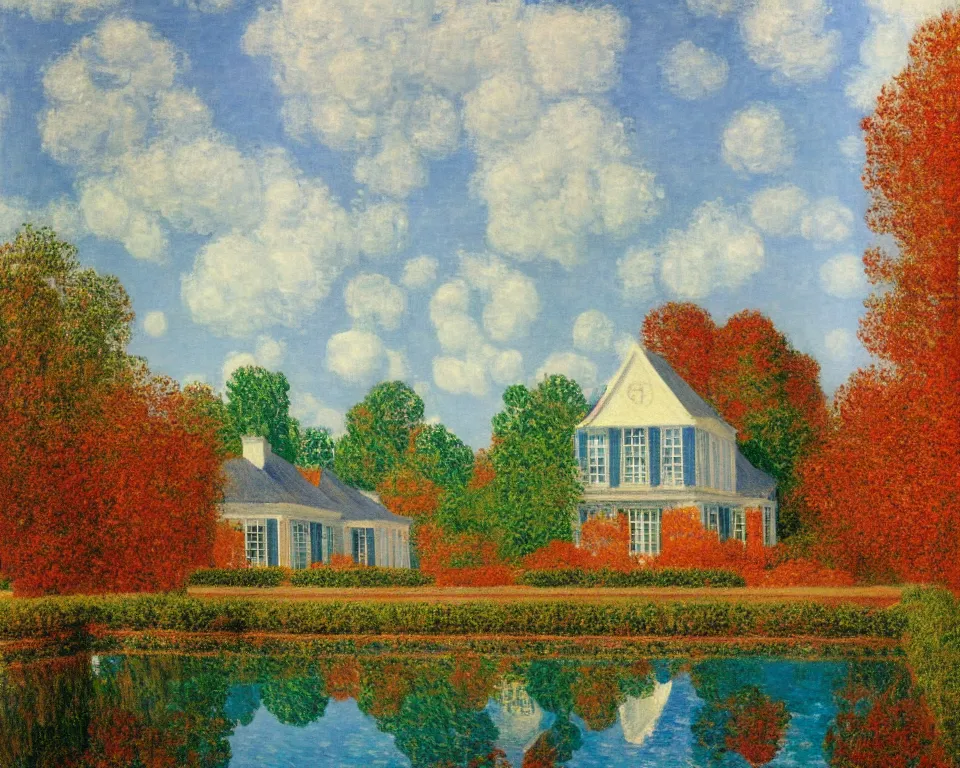 Prompt: achingly beautiful painting of a sophisticated, well - decorated pool house in fall by rene magritte, monet, and turner.