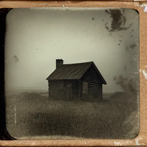 Prompt: an a abandoned cabin shrouded by fog on a hill overlooking a stormy sea as a tintype