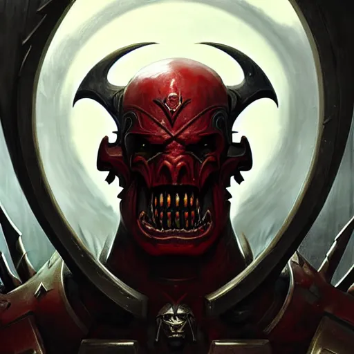 Prompt: Facial portrait. Warhammer 40K, Khorne. looking at the camera, slight evil smile. fear inspiring mood, intimidating, extremely detailed painting. by Greg Rutkowski and by Henry Justice Ford and by Steve Henderson.