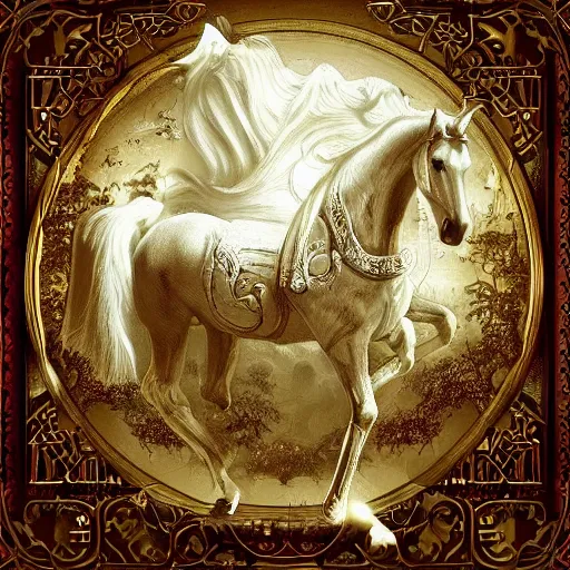 Image similar to an all white horse, with no facial features, like a white mask pulled over their face, full body laying in a blood red pool of water between a golden mirror frame, inside the frame of the mirror is the bohemian grove sacrifice ritual and outside the mirror frame is a deep space., physically accurate, dynamic lighting, intricate, elegant, highly detailed, very very Roberto Ferri, sharp focus, very very unsettling, very terrifying, illustration, art