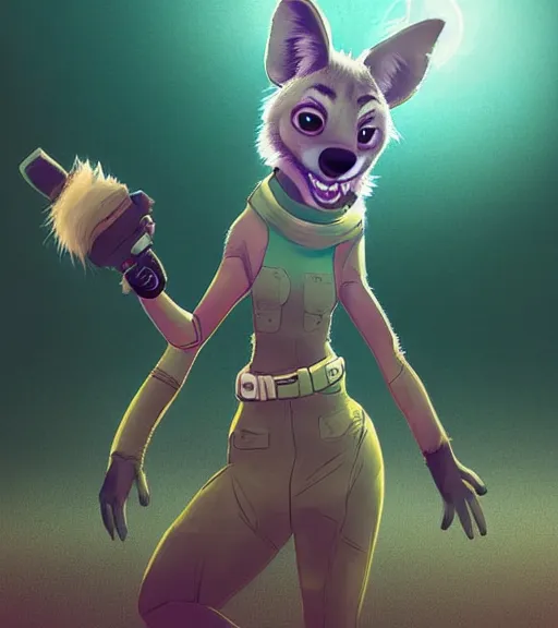 Image similar to full body digital artwork of furry female hyena, in style of zootopia, fursona, furry, furaffinity, deviantart, wearing astronaut outfit, floating in space, detailed face, style of artgerm,