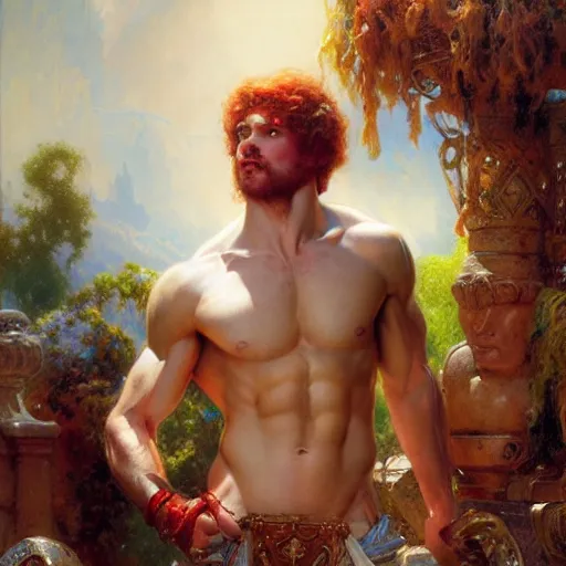 Image similar to attractive muscular mike with ginger hair with muscular attractive tyler with brunet hair, drinking their hearts out, in their noble mansion. very defined and highly detailed painting by gaston bussiere, craig mullins, j. c. leyendecker 8 k