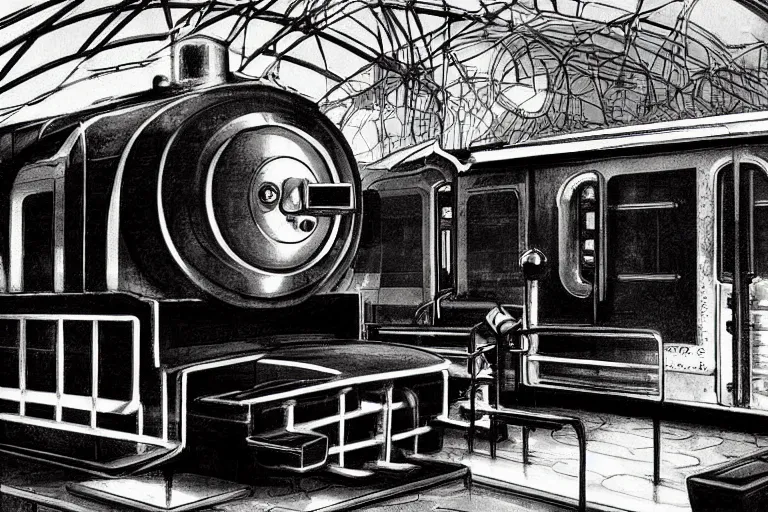 Prompt: “an Art Deco steam train in a train station being boarded by robots, photorealistic, highly details”