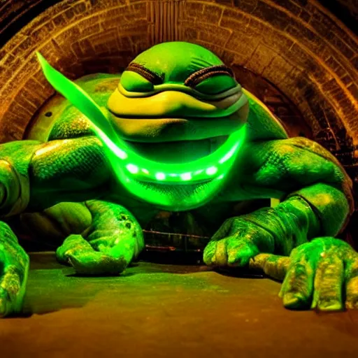 Prompt: teenage mutant ninja turtle, epic action movie still, hyper realistic award winning creature photography, epic volumetric lighting, glowing border of green radioactive Ooze dripping around frame, detailed face, golden ratio