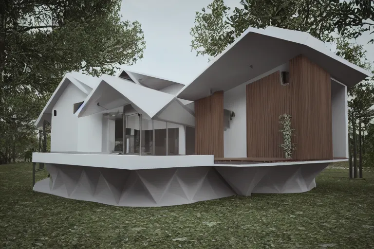 Image similar to photo of a comfy polygonal house designed in the style of seppo mantyla, 4 k, realistic render