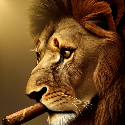 Image similar to a lion smoking a cigar, dramatic lighting, cinematic, establishing shot, extremely high detail, foto realistic, cinematic lighting, post processed, concept art, high details, cinematic, 8k resolution, beautiful detailed, photorealistic, digital painting, artstation, concept art, smooth, sharp focus, artstation trending, octane render, unreal engine