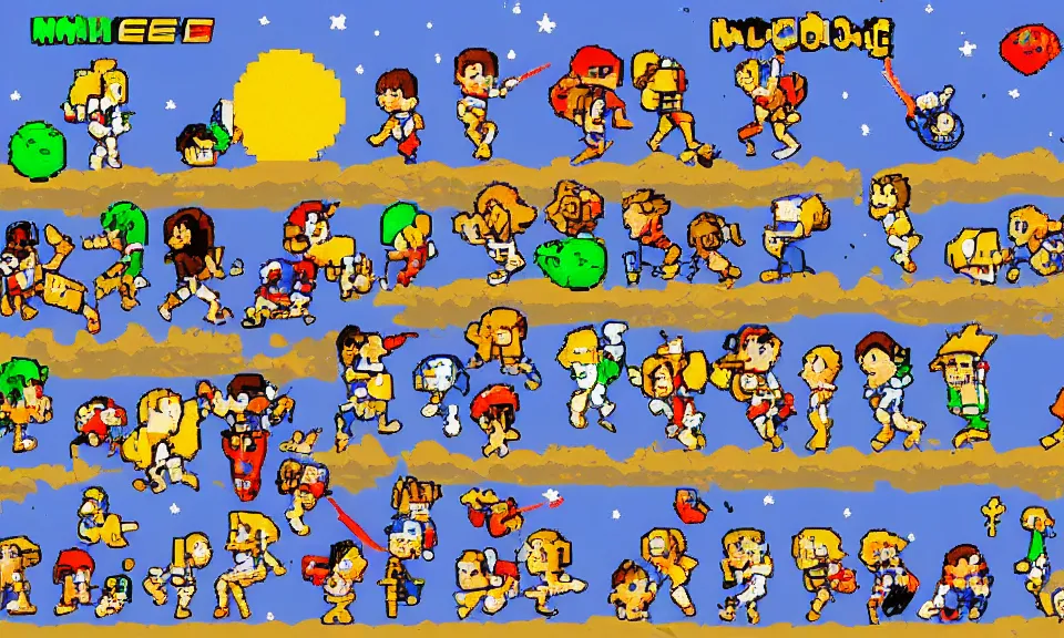 Image similar to 1 6 bit sprite painting of tiny people walking on the moon the style of eric chahi, in the style of 1 6 bit, in the style of sega genesis, in the style of another world