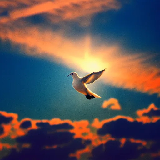 Image similar to Close-up realistic shot of a radiant white dove flying over the clouds at sunset, ethereal, vintage photograph, film grain, surreal, awe-inspiring, highly detailed, blue and orange color scheme