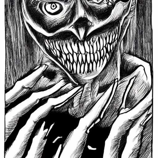 Prompt: a horrifying hantu drawn by junji ito, scary, demonic, black and white