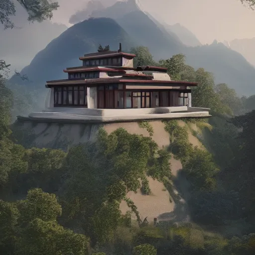 Image similar to modernist house inspired by a tibetan palace, overlooking a valley, big trees, clouds, dramatic lighting, artstation, matte painting, raphael lacoste, simon stalenhag, frank lloyd wright, drone view