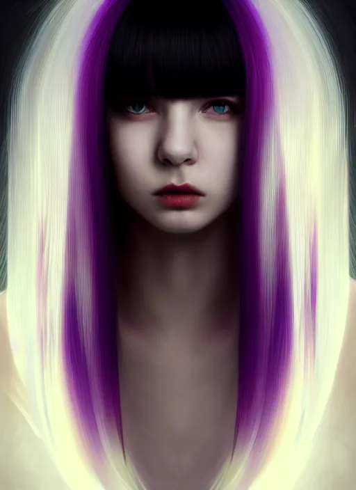 Image similar to hair whitebangs hair, black hair, whitebangs, portrait of teenage girl with white bangs, red irises, purple clothes, white bangs, bangs are different color from hair, intricate, elegant, glowing lights, highly detailed, digital painting, artstation, concept art, smooth, sharp focus, illustration, art by wlop, mars ravelo and greg rutkowski