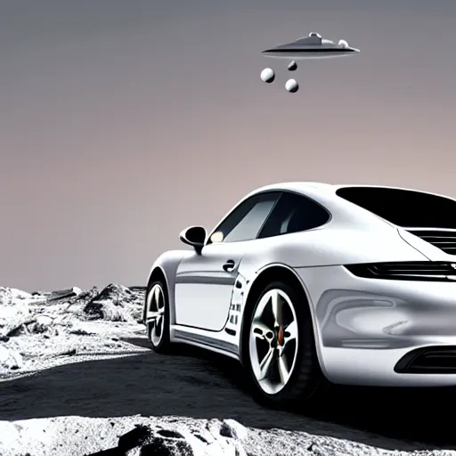 Image similar to porsche driving on the moon io with jupiter large in the sky