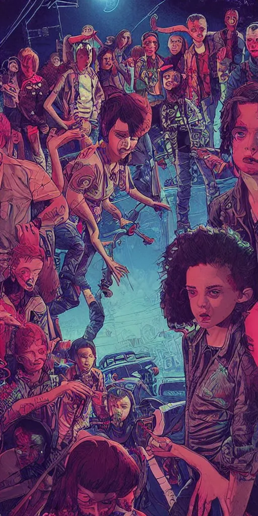 Image similar to young punk rockers fighting against zombies at the playground, by baseball bat in the retro wave stranger things style, neon colors, hyper detailed, digital art, cinematic lighting, concept art by artgerm and greg rutkowski and caravaggio and moebius and jakub rebelka