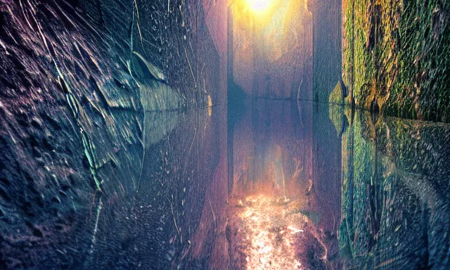 Image similar to beautiful photograph of a vertical tunnel made of raindrops, between a dried up river and the sun, highly-detailed, fantastic, dramatic lighting, artstation, 4k