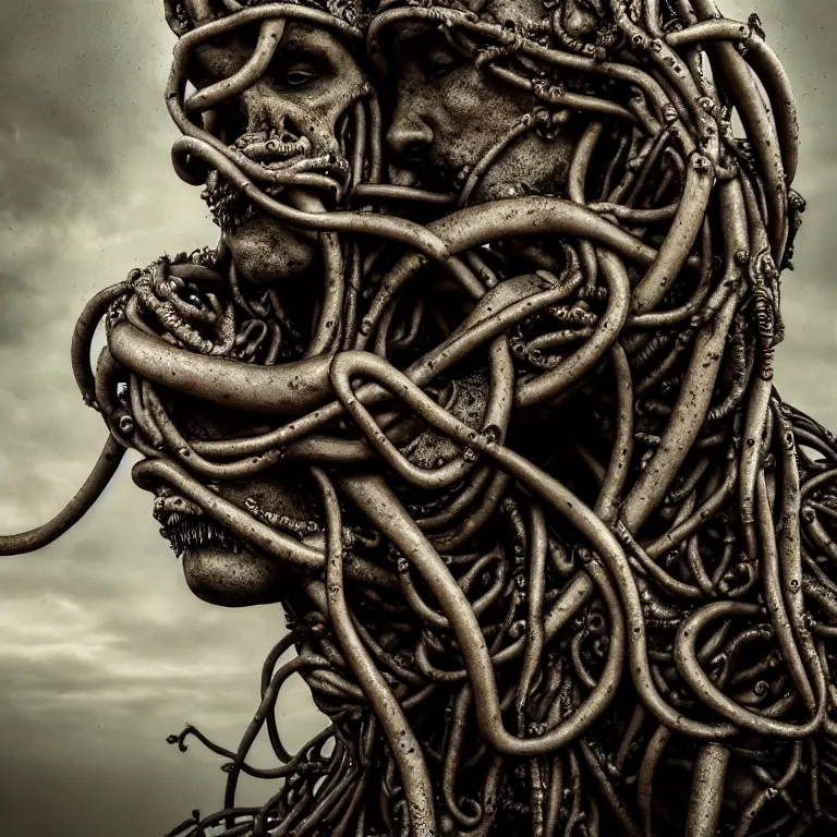 Image similar to portrait closeup on faces of abandoned sculpture of two kissing ribbed muscular men, covered with tentacles, roots, wires, tubes, baroque painting, standing in a desolate empty wasteland, creepy, nightmare, dream-like heavy atmosphere, dark fog, surreal abandoned buildings, baroque painting, beautiful detailed intricate insanely detailed octane render trending on Artstation, 8K artistic photography, photorealistic, volumetric cinematic light, chiaroscuro, Raphael, Caravaggio, Beksinski, Giger