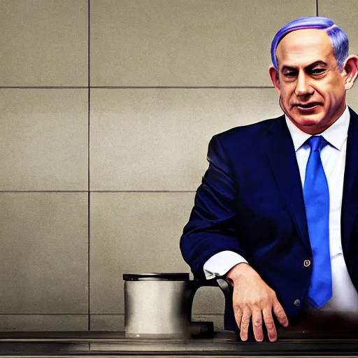 Image similar to benjamin netanyahu sitting in a toilet, photorealistic, studio