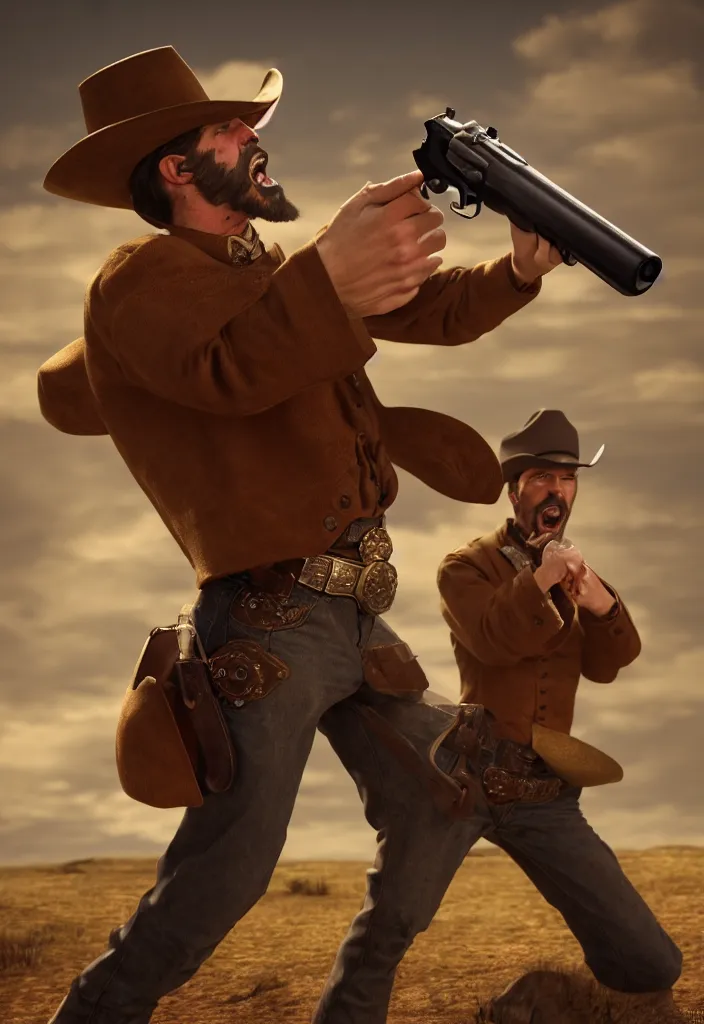 Image similar to an epic portrait of a cowboy firing his revolver Colt 45 while yelling, full body with dynamic pose, during archetypical Old West period, 19th century, male, detailed face, cinematic lighting, by concept art, masterpiece, fantastic, octane render, 8K HD Resolution, High quality image