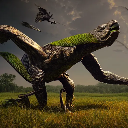 Prompt: a bird turtle tractor hybrid creature monster with metal scales feathers, rich diverse lush alien world, dramatic lighting, in the style of national geographic, illustration, octane render