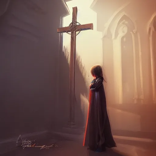 Image similar to shameless woman with impudent facial expression in shadow of church cross, elegant, dark and mysterious, atmospheric, red, trending on artstation, highly detailed, digital painting, volumetric light, concept art, illustration, rule 34