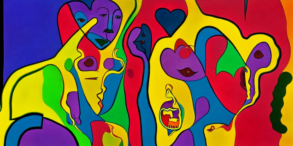 Image similar to a man being overcome by love, psychedelic dripping colors, detailed painting by painting by man ray and pablo amaringo david normal