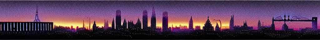 Image similar to A light blue star sinking behind a modern city skyline by Dan Mumford and Dean Ellis and John Atkinson Grimshaw and Anton Fadeev, sunset, purple sky, art nouveau