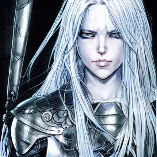 Image similar to character portrait of a girl with wavy white hair and black eyes in the style of yoshitaka amano drawn by alex maleev, highly detailed, elden ring armor