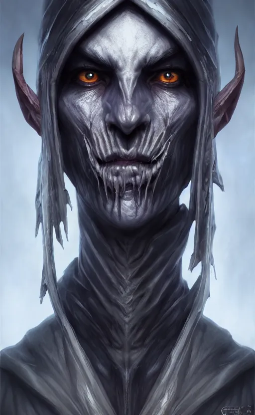 Image similar to legendary creepy dark elf wizard, highly detailed, d & d, fantasy, highly detailed, digital painting, trending on artstation, concept art, sharp focus, illustration, global illumination, ray tracing, realistic shaded, art by artgerm and greg rutkowski and fuji choko and viktoria gavrilenko and hoang lap