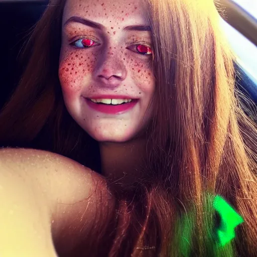 Image similar to ! beautiful hyperrealism hyperdetailed selfie of a cute young woman with vivid emerald green eyes, sitting in her car, long bronze brown hair, flushed face, red blush, light freckles, big puffy lips, smiling softly, soft features, 8 k, sharp focus, art by irakli nadar, instagram, portra 4 0 0