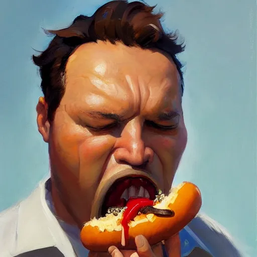 Image similar to greg manchess portrait painting ofchubby man eating a hot dog overwatch character, medium shot, asymmetrical, profile picture, organic painting, sunny day, matte painting, bold shapes, hard edges, street art, trending on artstation, by huang guangjian and gil elvgren and sachin teng