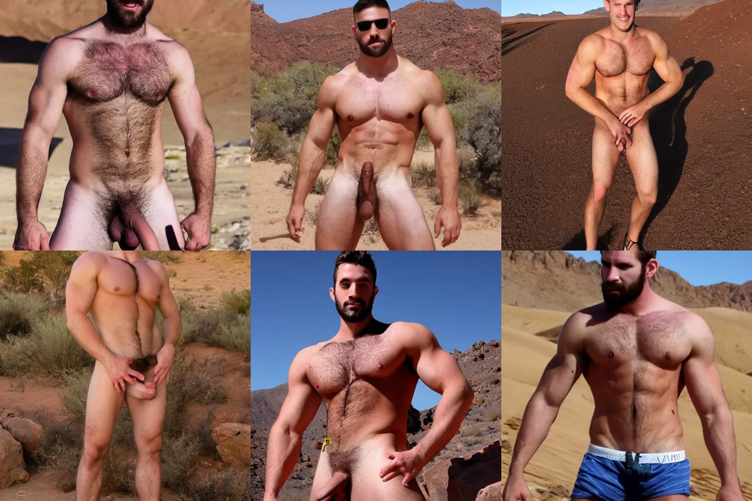 Prompt: muscular fit hairy jock in the desert